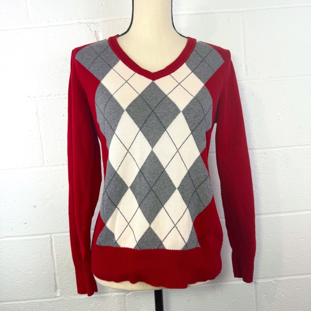 St. John's Bay Women's Red Gray & Cream Argyle Sweater